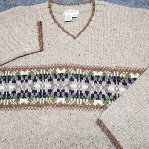 Eddie Bauer Womens Brown Wool Crewneck Fair Isle V-Neck Sweater XXL Tan Earth